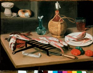 Stillleben mit gegrilltem Fisch, Tellern (Meeräsche) und Weinflasche (Damigiana). Gemälde von Carlo Magini (1720-1806). Faenza, Pinacoteca Comunale