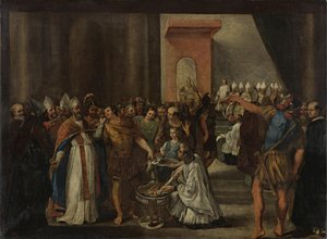 Kaiser Konstantin verbrennt arianische Bücher, 1640er Jahre von Carlo Magnone