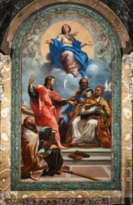 Unbefleckte Empfängnis und Heiliger Johannes der Evangelist, Heiliger Gregor der Große, Heiliger Johannes Chrysostomus und Heiliger Augustinus von Carlo Maratta or Maratti