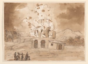 Landschaft mit einem brennenden Turm, ca. 1780 von Carlo Marchionni