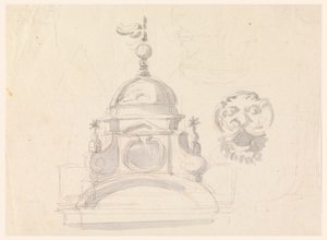 Erhebung einer Kuppel, Entwurf für eine Maske und Karikatur von Carlo Marchionni