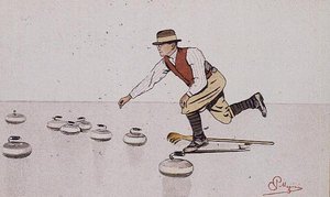 Mann wirft einen Stein in einem Curling-Spiel von Carlo Pellegrini