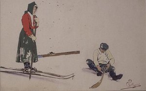 Seine Skier sichern (Farblitho)