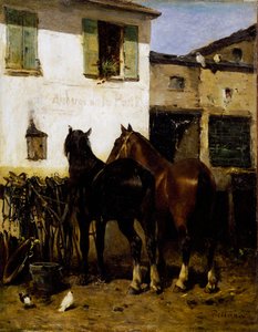Postpferde, Gemälde von Carlo Pittara (1836-1891), Öl auf Leinwand, 41x32 cm, Italien von Carlo Pittara