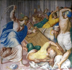 Jesus Christus vertreibt die Händler an den Toren des Tempels. Fresko von Carlo Urbino. Mailand, S. Maria della Passione