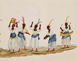 Königin und ihr Gefolge, Detail, das Tänzer und Musiker darstellt von Carlos Juliao