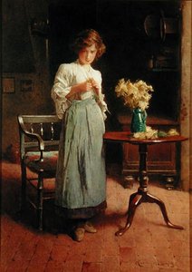 Mädchen in einer Hütte bei einem Tisch und Stuhl von Carlton Alfred Smith