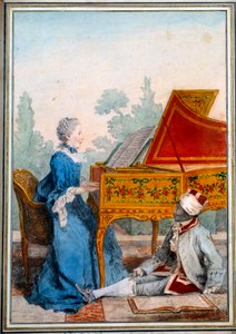 Porträt von Mademoiselle Desgots von Saint Domingue am Cembalo und ihrem Sklaven Laurent