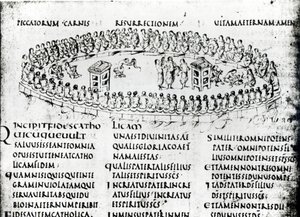 Illustration einer Szene aus einem der Psalmen, aus dem Utrechter Psalter, Kopie des Originals aus Reims, jetzt in der Universitätsbibliothek Utrecht