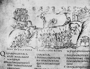 Illustration verschiedener Szenen aus einem der Psalmen, aus dem Utrechter Psalter, Kopie des Originals aus Reims, jetzt in der Universitätsbibliothek Utrecht