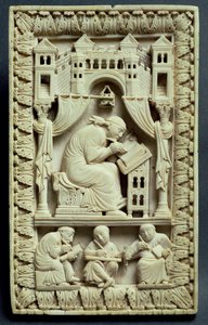 Der heilige Gregor schreibt mit Schreiber darunter, franko-deutsche Schule, c.850-875