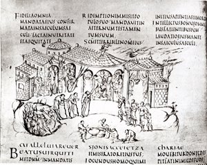 Verschiedene Szenen, die einen Psalm illustrieren, aus dem Utrechter Psalter, Kopie des Originals aus Reims, jetzt in der Universitätsbibliothek Utrecht