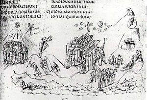 Verschiedene Szenen, die einen der Psalmen illustrieren, aus dem Utrechter Psalter, Kopie des Originals aus Reims, jetzt in der Universitätsbibliothek Utrecht
