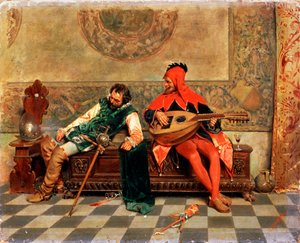 Betrunkener Krieger und Hofnarr, italienisches Gemälde des 19. Jahrhunderts von Casimiro Tomba