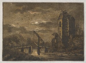Landschaft mit Klappbrücke und Ruine im Mondschein von Caspar David Friedrich