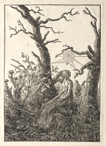 Die Frau mit dem Spinnennetz zwischen kahlen Bäumen von Caspar David Friedrich