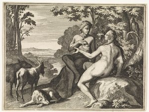 Adam und Eva umgeben von Tieren im Paradies von Caspar Luyken