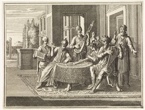 David sitzt an einem Tisch und spielt die Harfe von Caspar Luyken
