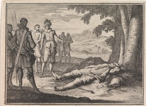 Filips der Gute findet einen betrunkenen Bauern unter einem Baum von Caspar Luyken