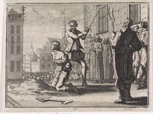 Enthauptung eines Jungen unter Aufsicht von Geistlichen und dem Teufel von Caspar Luyken
