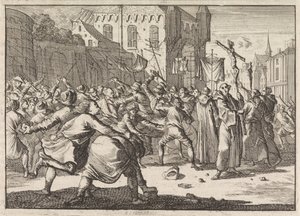In Danzig wird eine Prozession mit Steinwürfen vom Volk begrüßt, 1678 von Caspar Luyken