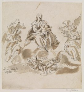 Jungfrau Maria mit Kind im Himmel, umgeben von Engeln und Putti von Caspar Menneler