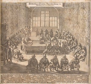 Die Ratifizierung des Westfälischen Friedens in Nürnberg am 26. Juni 1650 von Caspar Merian