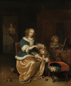 Innenraum mit einer Mutter, die ihrem Kind die Haare kämmt, bekannt als 