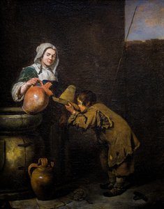 Junger Schornsteinfeger trinkt in der Nähe eines Brunnens von Caspar Netscher