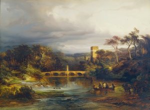 Burg am Waldsee mit Kahnfahrern und Bogenbrücke von Caspar Scheuren