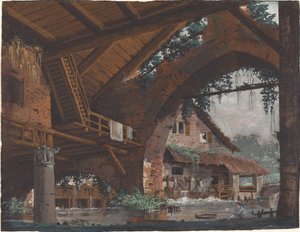 Architektonische Fantasie antiker Ruinen mit Wassermühle