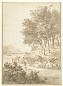 Italienische Landschaft mit Figuren entlang einer Straße und einem Fluss im Hintergrund