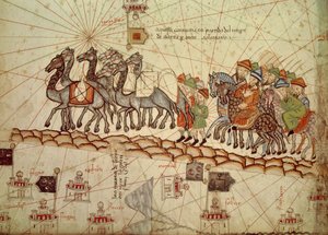 Detail einer katalanischen Seekarte (Portulan), die Asien im 13. Jahrhundert darstellt, auf der man eine Karawane auf dem Weg nach Cathay (Name, den Marco Polo für die Region Nordchina verwendete) sehen kann: Seidenstraße, die Marco Polo nahm. Katalanische