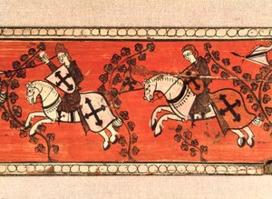 Ritter tragen Fahnen. Tempera auf Holz aus der Dekoration eines Daches. 13. Jahrhundert.