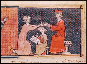 Der königliche Staatsanwalt, der Schreiber und der Feudalherr, aus Capbreu de Clayra et de Millas 1292