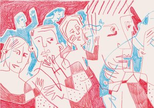 Ausdrucksstarke Figuren in Rot und Blau