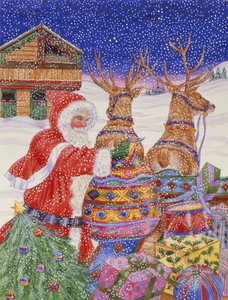 Weihnachtsmann belädt seinen Schlitten