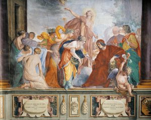 Lorenzo empfängt die Musen und Tugenden, begleitet von Apollo in Florenz, von Francesco Montelatici, Fresko