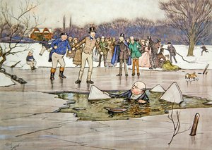Ein Gesicht, Kopf, Schultern tauchten unter dem Wasser auf und enthüllten die Züge und Brille von Mr. Pickwick von Cecil Charles Windsor Aldin