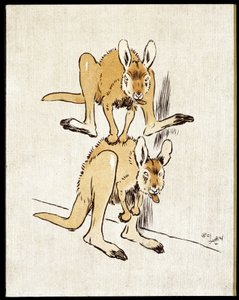 Komische Kängurus. Zwei Kängurus spielen Schafspringen. von Cecil Charles Windsor Aldin