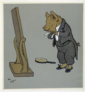 Schwein pflegt sich, bindet seine Krawatte vor einem Spiegel - in Merry Party, ill. von Cécil Aldin, ed. Hodder & Stoughton, London von Cecil Charles Windsor Aldin