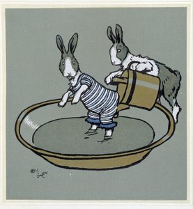 Kaninchen nehmen ein Bad - in „Merry Party“, ill. von Cécil Aldin, ed. Hodder & Stoughton, London