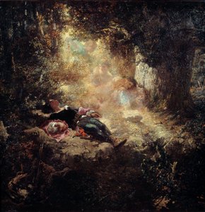 Ein Sonnenstrahl. Junge Leute schlafen in einer Lichtung. Gemälde von Celestin Nanteuil (1813-1873).