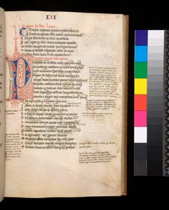 Ms 325. Lucan, Bellum Civile und andere Werke, f.35r. Geteiltes Initial [P] in Rot und Blau mit kontrastierender Federverzierung, ca. 1353 (Pergament)