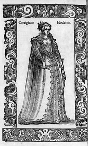 Renaissance: eine römische Kurtisane im 16. Jahrhundert. Gravur aus „Moderne und antike Kostüme“ von Cesare Vecellio