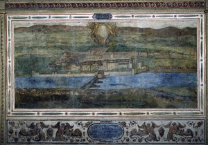 Ansicht der Stadt Innsbruck, Österreich. Ansicht der Städte des Habsburgerreiches. Fresko des Michelozzo-Hofs im Palazzo Vecchio in Florenz. Gemälde von Sebastiano Veronese Giovanni Lombardi, Cesare Baglioni und Turino da Piamonte, ca. 1565 von Cesare Baglioni