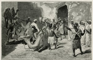 Das Beladen der Kamele aus der Karawane des Autors der Geschichte, Atanger, Gravur von Biseo, zur Illustration der Geschichte „Le Maroc“ von Edmondo de Amicis, 1875, veröffentlicht in „Le tour du monde“, unter der Leitung von Edouard Charton