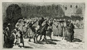 Die Bestrafung eines Diebes, er steigt auf ein Maultier, er erhält Schläge unter dem Gejohle der Menge, Gravur von C. Biseo, zur Illustration der Geschichte „Le Maroc“ von Edmondo de Amicis, 1875, veröffentlicht in „Le tour du monde“, unter der Leitung von