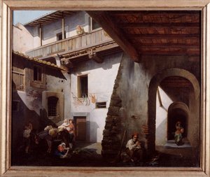 Bauern im Hof einer Schenke (Gemälde von Cesare Coghetti, 1863, Galleria d