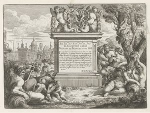 Widmung an und Wappen von Agostino Chigi und Ansicht von Rom von Cesare Fantetti